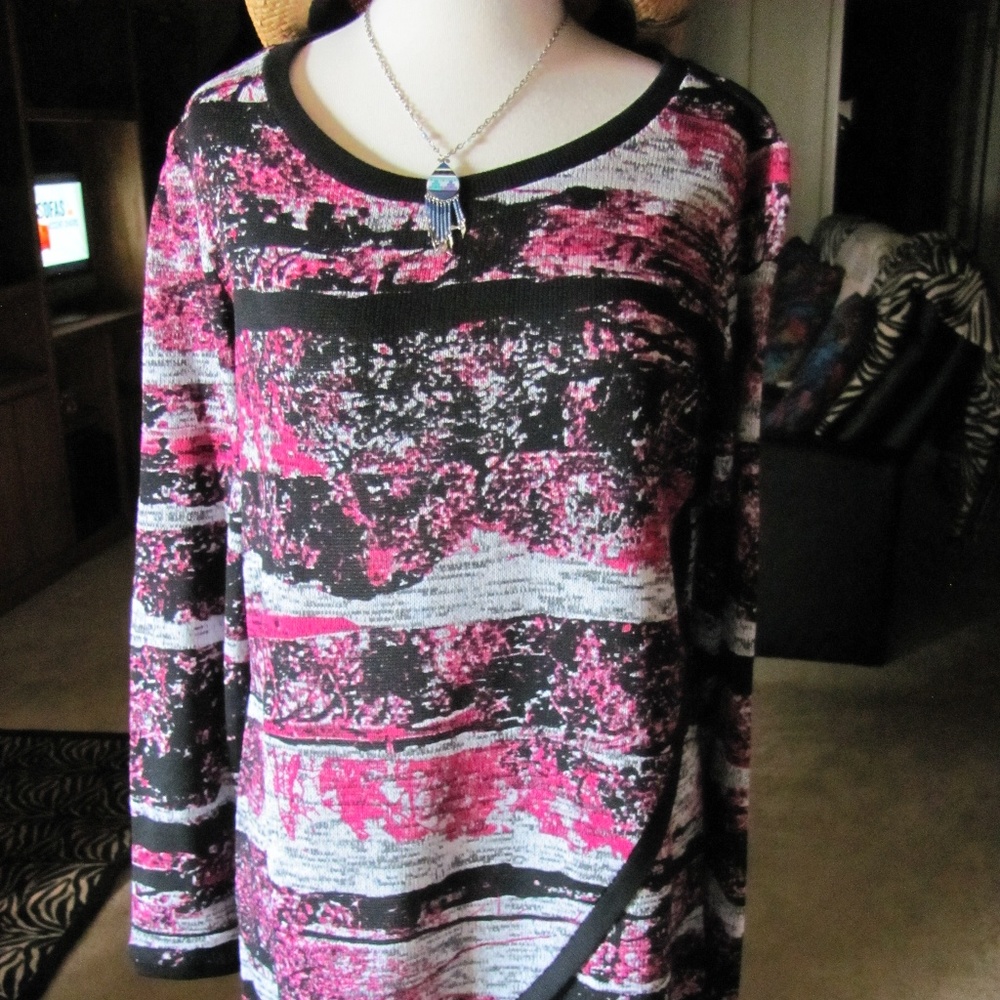 STYLE & CO. Pink & Black Abstract Blouse Pink and